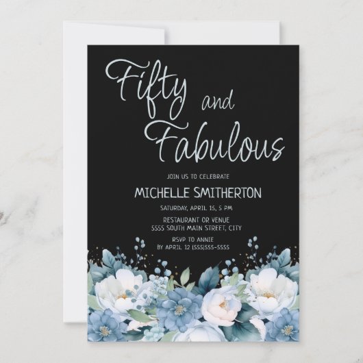 50素晴らしい埃っぽいブルーホワイトフローラブラック50th 招待状 (正面)