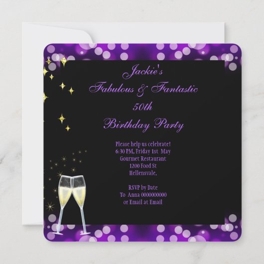 50素晴らしい紫のグリッターハイヒール50誕生日 招待状 (裏面)