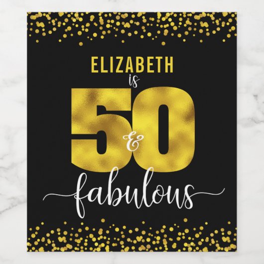 50素晴らしい誕生日の黒い金ゴールドグレームドットモダン ワインラベル (シングルラベル)