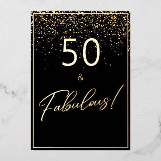 50素晴らしい誕生日グリッターフォトブラックと金ゴールド 箔招待状 (正面)