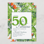 50素晴らしい誕生日トロピカル葉スピンクオレンジ 招待状 (正面/裏面)