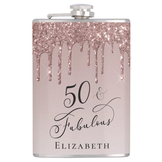 50素晴らしい誕生日バラ金ゴールドグリッター フラスク (正面)