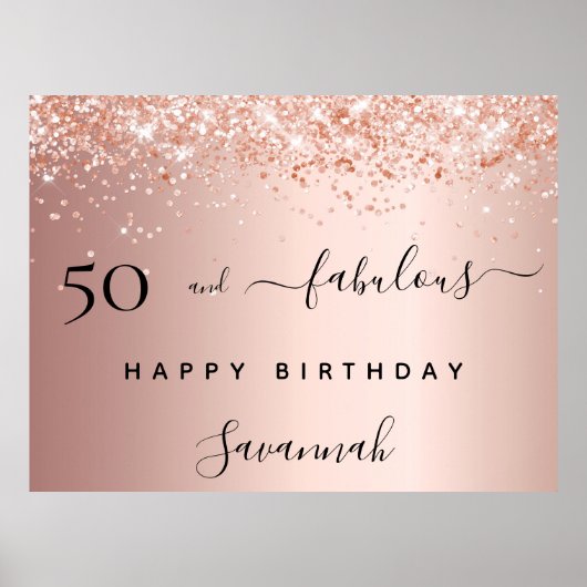 50素晴らしい誕生日バラ金ゴールド赤面グリッター ポスター (正面)