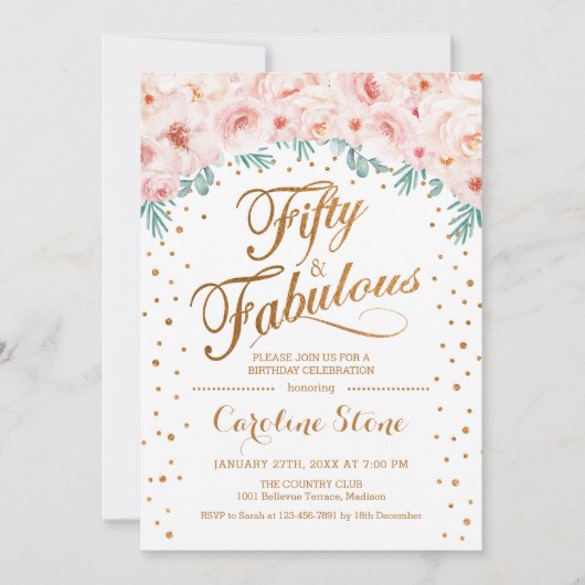 50素晴らしい誕生日パーティー – ホワイト金ゴールドピンク 招待状 (正面)