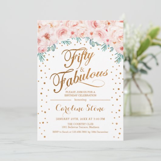 50素晴らしい誕生日パーティー – ホワイト金ゴールドピンク 招待状 (スタンド正面)