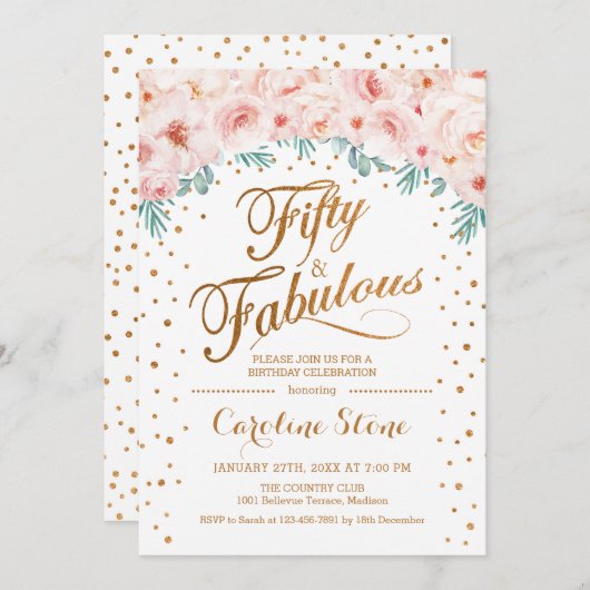 50素晴らしい誕生日パーティー – ホワイト金ゴールドピンク 招待状 (正面/裏面)