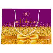 50素晴らしい誕生日パープル金ゴールドボウエレガント ラージペーパーバッグ (正面)