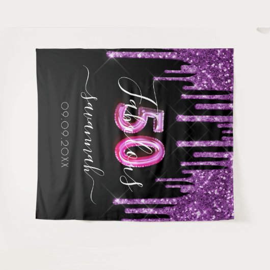 50素晴らしい誕生日ブラックパープルグリッター タペストリー (正面(横))