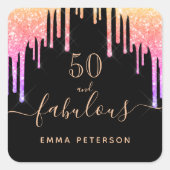 50素晴らしい誕生日ブラックレインボーグリッタースパークル スクエアシール (正面)