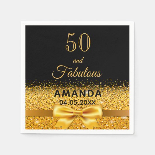 50素晴らしい誕生日ブラック金ゴールドエレガントボウ スタンダードカクテルナプキン (正面)