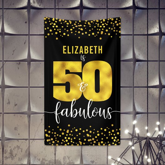 50素晴らしい誕生日ブラック金ゴールドフォイルグリッタードット 横断幕