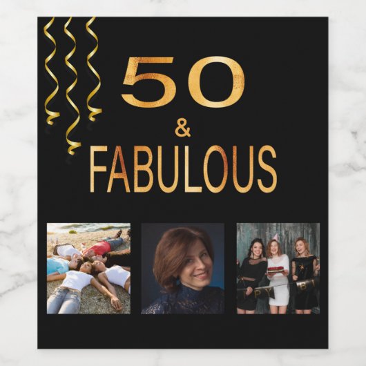 50素晴らしい誕生日ブラック金ゴールド写真コラージュ ワインラベル (シングルラベル)