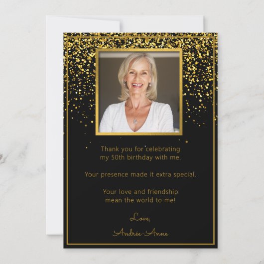 50素晴らしい誕生日金ゴールドブラックグリッター写真 サンキューカード (裏面)