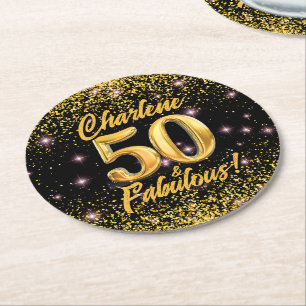 50素晴らしい金ゴールドグリッターピンクスターズ50誕生日 ラウンドペーパーコースター