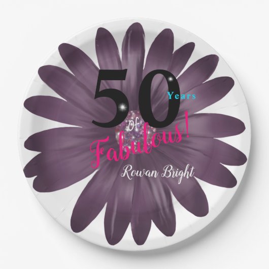 50素晴らしい、紫のグリッターデイジー、汎用性 ペーパープレート (正面)