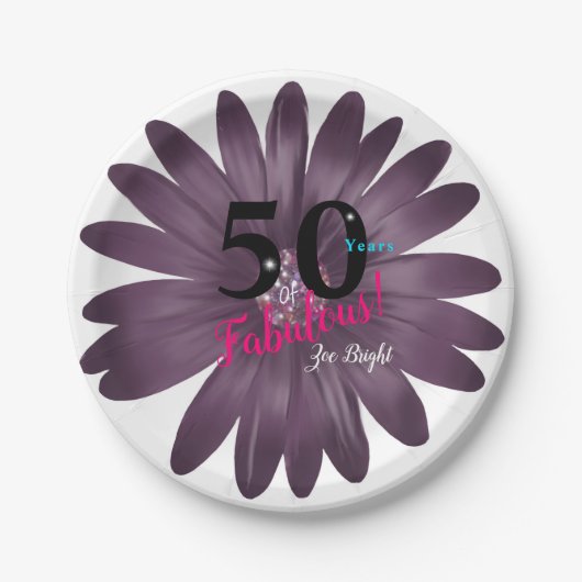 50素晴らしい、紫色のグリッターデイジー、汎用性 ペーパープレート (正面)