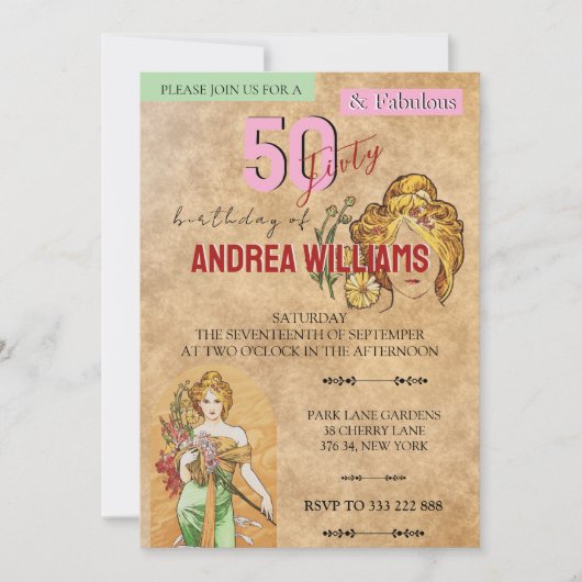 50素晴らしい、誕生日パーティー、アート、春女神 招待状 (正面)