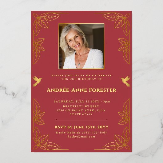 50素晴モダンらしい写真誕生日赤金ゴールド 箔招待状 (裏面)