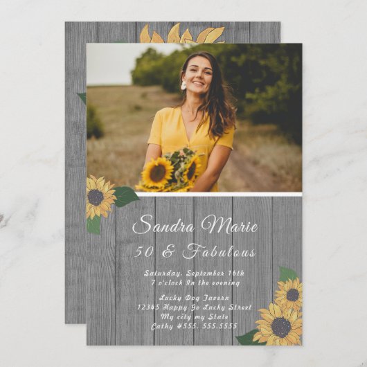 50素朴と素晴らしい |ひまわりグレー誕生日I 招待状 (正面/裏面)