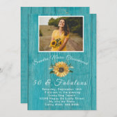 50素朴と素晴らしい |ひまわりティール(緑がかった色)誕生日 招待状 (正面/裏面)
