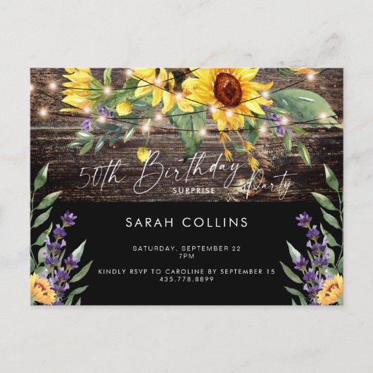 50素朴誕生日ひまわりブラック誕生日 インビテーションポストカード (正面)