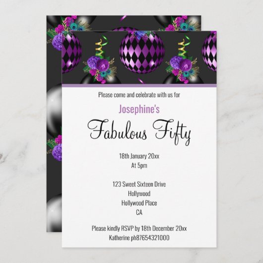50紫エレガントカスタムの風船で素晴らしい 招待状 (正面/裏面)