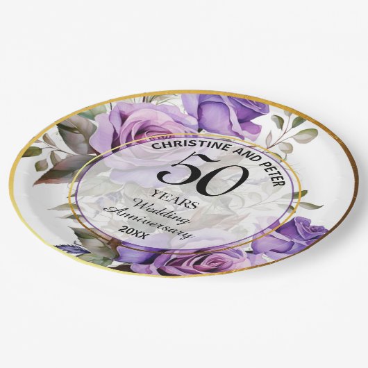 50結婚年の金ゴールド・フレームバラ ペーパープレート (アングル)