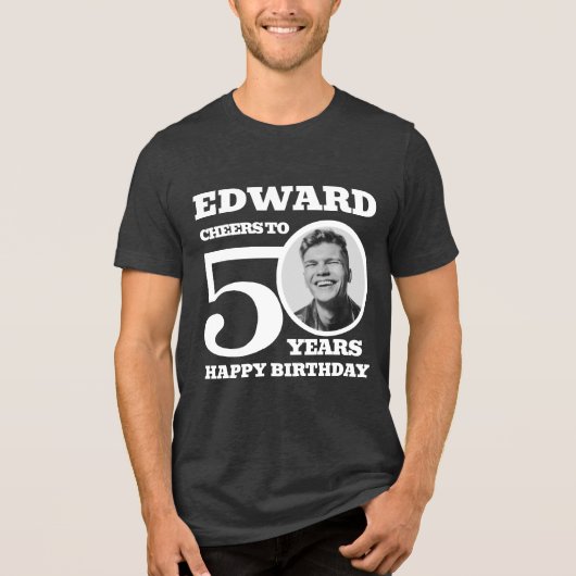 50誕生日の写真と名前のホワイト文字 トライブレンドＴシャツ (正面)