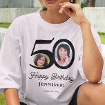 50誕生日の写真パーソナライズされた名 Tシャツ<br><div class="desc">トレンディーはっきりしたタイポグラフィ50歳の女性のバースデーおもしろいタパーソナライズされたーの軽いtシャツのテンプレートと2枚の写真とレトロなモダンスタイルブラックスクリプト。テキスカスタマイズトと写真の簡単</div>