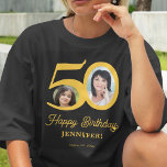 50誕生日の写真パーソナライズされた名 Tシャツ<br><div class="desc">トレンディーはっきりしたタイポグラフィ50歳の女性のバースデーおもしろいタパーソナライズされたー2枚の写真とレトロなスタイル金ゴールドのスクリプトとダークTシャツのテンプレートモダン。テキスカスタマイズトと写真の簡単</div>