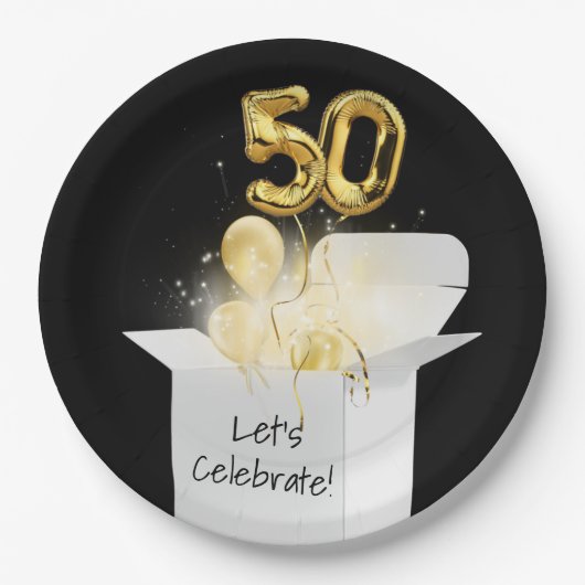 50誕生日の金ゴールドバルーン（白） ペーパープレート (正面)