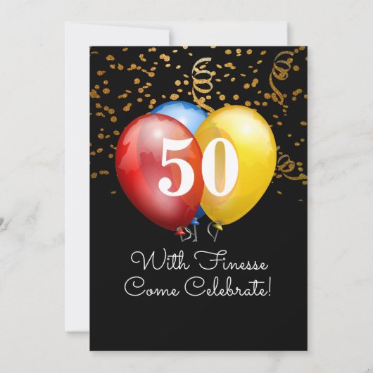 50誕生日の金ゴールド紙吹雪とバルーンを黒で表示 招待状 (裏面)