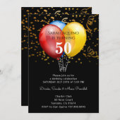 50誕生日の金ゴールド紙吹雪とバルーンを黒で表示 招待状 (正面/裏面)