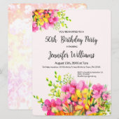 50誕生日への招待、ピンクとオレンジの花 招待状 (正面/裏面)