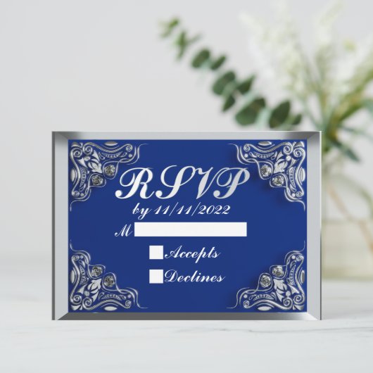 50誕生日またはアニバーサリーガルシルバーブルー 出欠カード (スタンド正面)