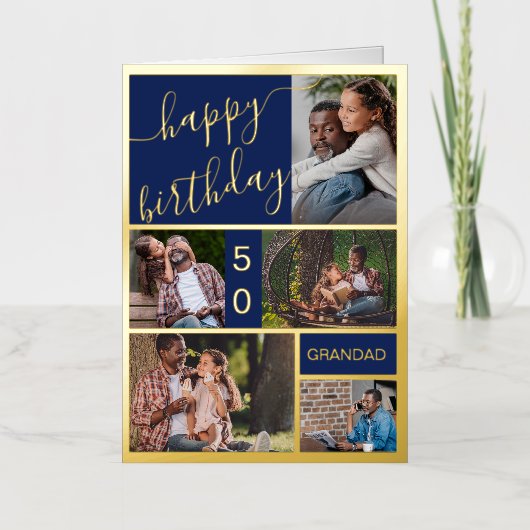 50誕生日または任意の年齢5フォトブルーと金ゴールド 箔グリーティングカード (正面)