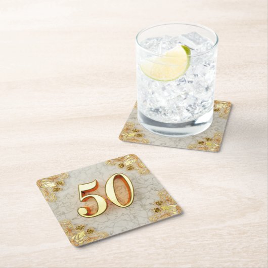 50誕生日または記念日の金ゴールドと大理石 スクエアペーパーコースター (インサイチュ)