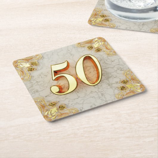 50誕生日または記念日の金ゴールドと大理石 スクエアペーパーコースター (アングル)
