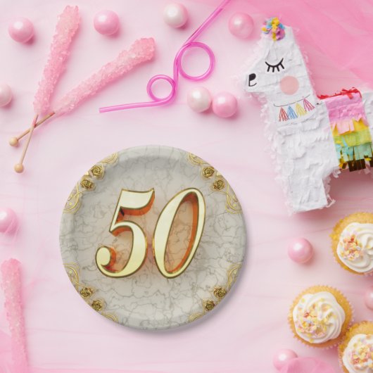 50誕生日または記念日の金ゴールドと大理石 ペーパープレート (パーティー)
