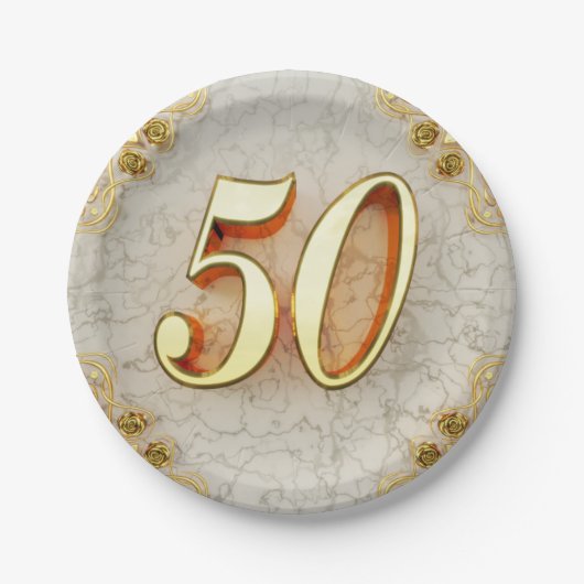 50誕生日または記念日の金ゴールドと大理石 ペーパープレート (正面)