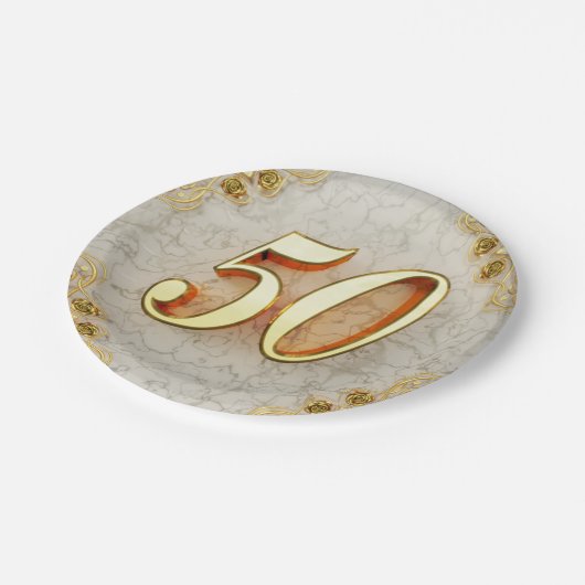 50誕生日または記念日の金ゴールドと大理石 ペーパープレート (アングル)