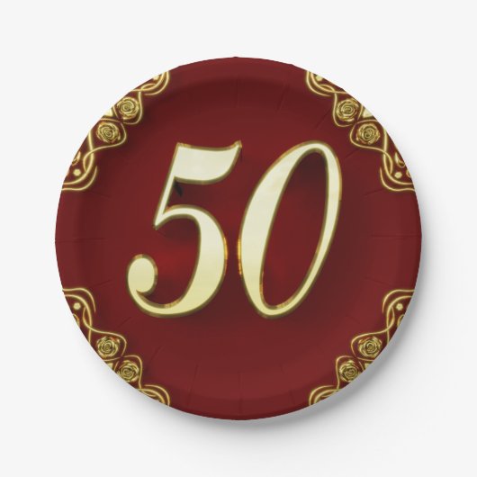 50誕生日または記念日金ゴールドと赤 ペーパープレート (正面)