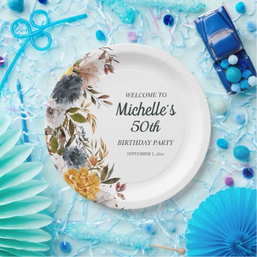 50誕生日イエローネイビーブルーフローラへようこそ ペーパープレート (パーティー)