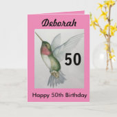 50誕生日エレガントピンクハミングバード水色 カード (黄色い花)