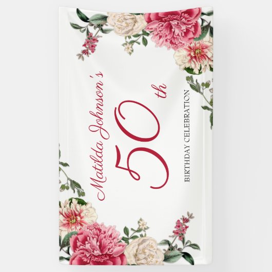 50誕生日エレガントピンク白フローラ植物学 横断幕 (縦)