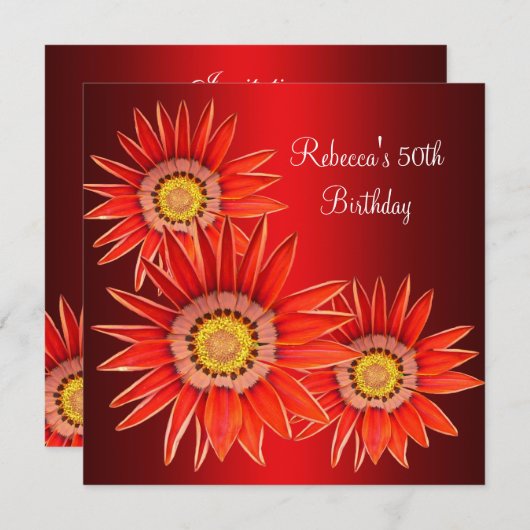 50誕生日エレガント赤い花 招待状 (正面/裏面)