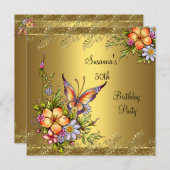 50誕生日エレガント金ゴールドピンク黄色い花 招待状 (正面/裏面)