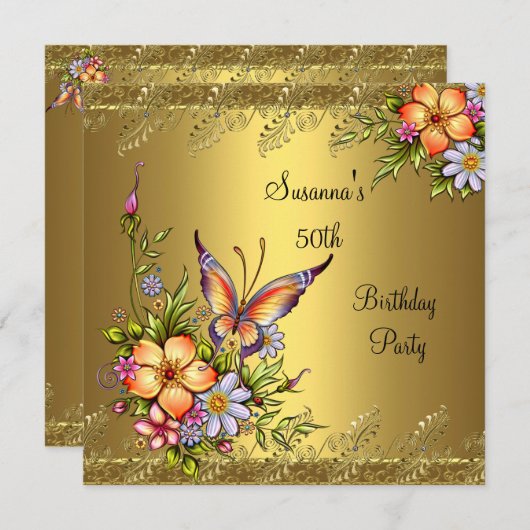 50誕生日エレガント金ゴールドピンク黄色い花 招待状 (正面/裏面)