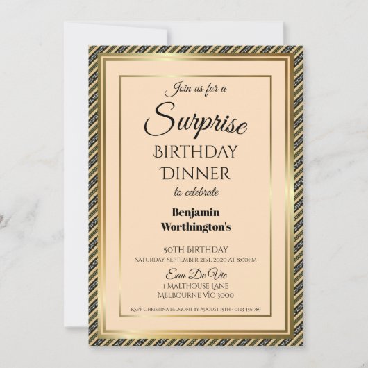 50誕生日エレガント金ゴールドフレーム驚きのディナー 招待状 (正面)