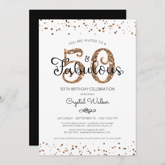 50誕生日エレガント50と素晴らしい銅金ゴールド 招待状 (正面/裏面)